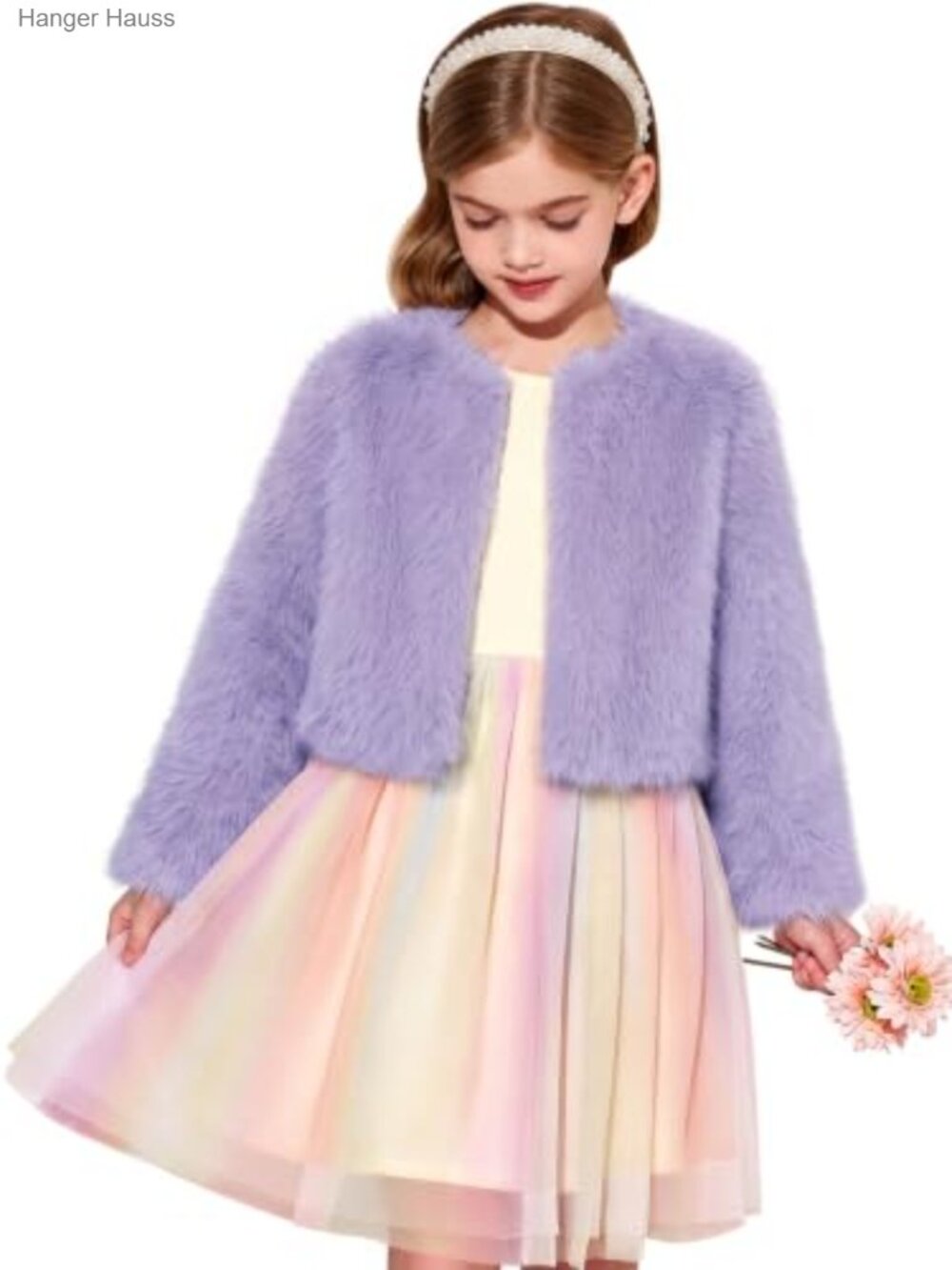 Girls Faux Fur Dress Coat Fluffy Open Front Long Sleeve Jacket
